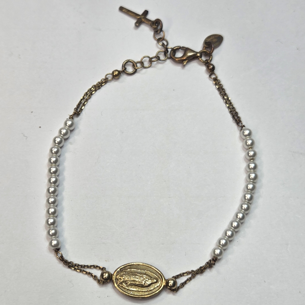 Dyadema 925 Religious Pearl Braclet Communion Worship Gold Over Silver Mary 45$